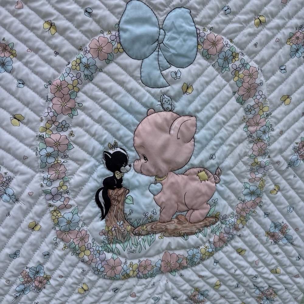 Vtg 80s Precious Moments Baby Quilted Blanket Pig Skunk Homemade 47x37 Excellent
